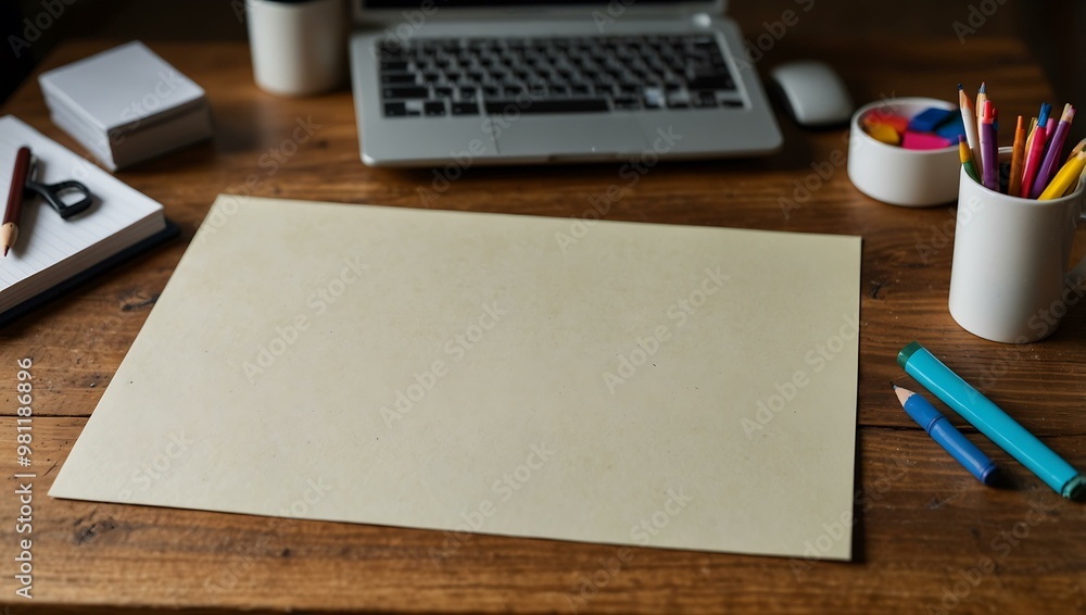 Blank paper on a wooden table with office supplies. Blank paper on a wooden table with office supplies.
