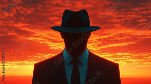 A man in a suit and hat is standing in front of a sunset