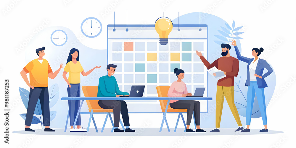 Flat Vector Illustration of a Creative Team Collaborating in a Candid Brainstorming Session for 2025, Highlighting Energy and Calendar Insights Flat Vector Illustration of a Creative Team Collaborating in a Candid Brainstorming Session for 2025, Highlighting Energy and Calendar Insights