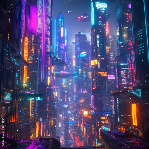 A futuristic cityscape with neon lights and flying vehicles.