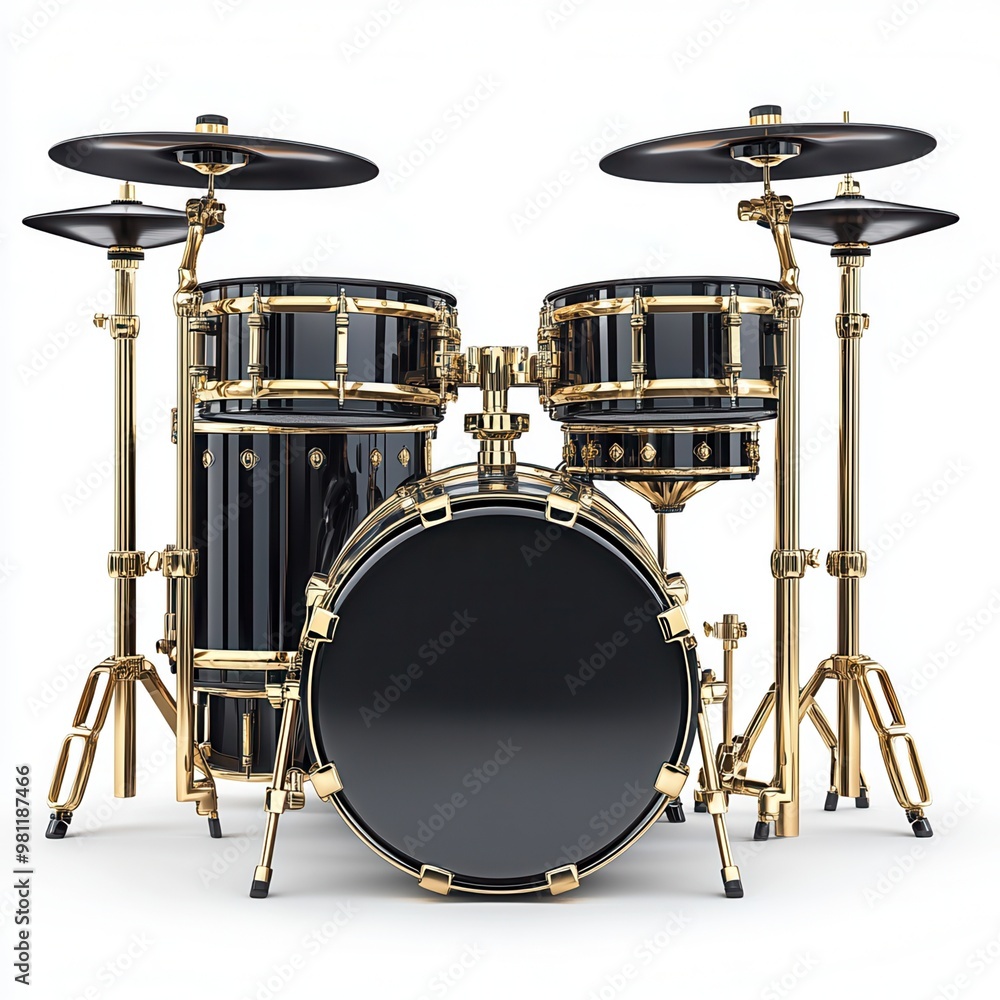 Elegant black and gold drum set, perfect for music enthusiasts and stage performances, showcasing craftsmanship and style, white background Elegant black and gold drum set, perfect for music enthusiasts and stage performances, showcasing craftsmanship and style, white background