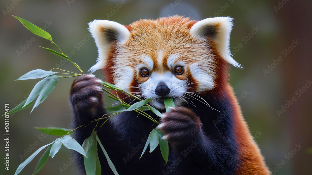Obraz premium Cute Red panda eating bamboo leaves or plant in forest setting showcases wildlife and nature, highlighting the adorable mammal's beautiful fur and its role in the ecosystem of Asia