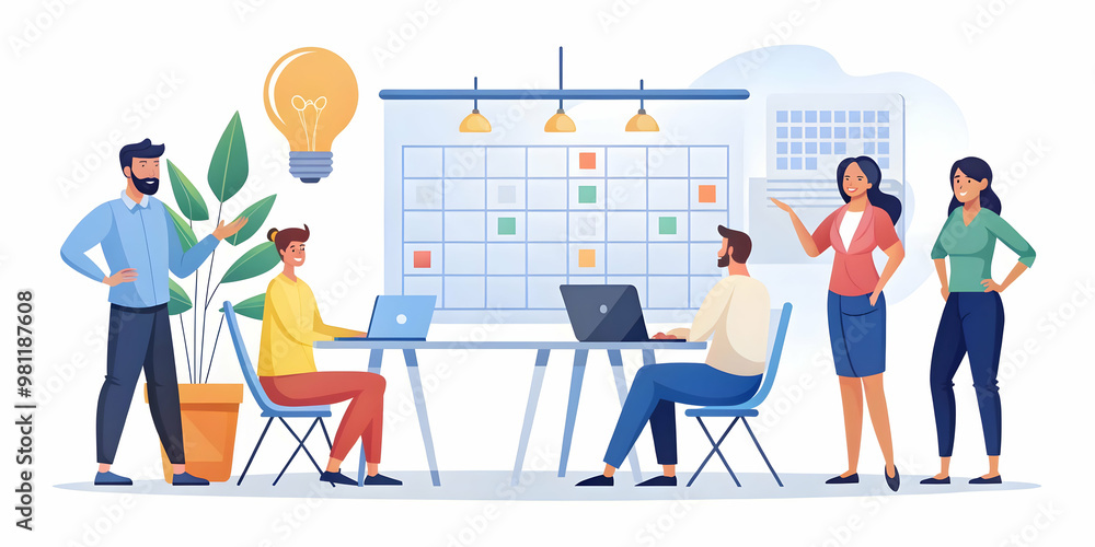 Naklejka premium Flat Candid Creative Collaboration: Team Brainstorming Ideas for 2025 with Calendars in a Simple Vector Illustration