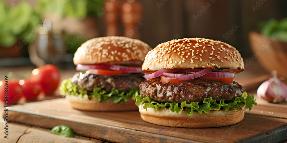 Gourmet Beef Burgers with Fresh Lettuce, Tomato, and Onion Gourmet Beef Burgers with Fresh Lettuce, Tomato, and Onion
