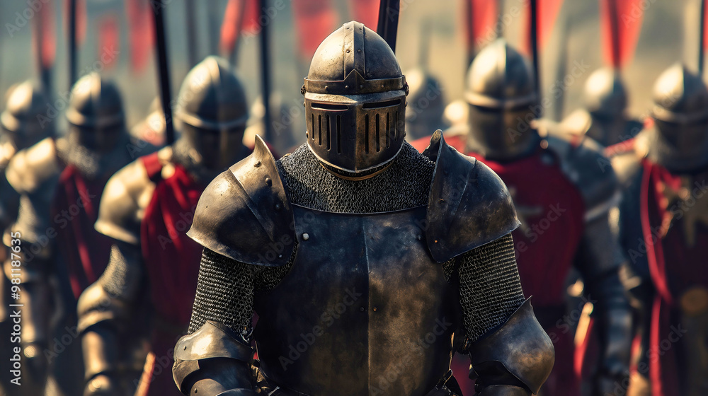 Medieval warriors in full body metal armor, knights or soldiers with swords spears and shields, standing ready for battle on a historical battlefield Medieval warriors in full body metal armor, knights or soldiers with swords spears and shields, standing ready for battle on a historical battlefield