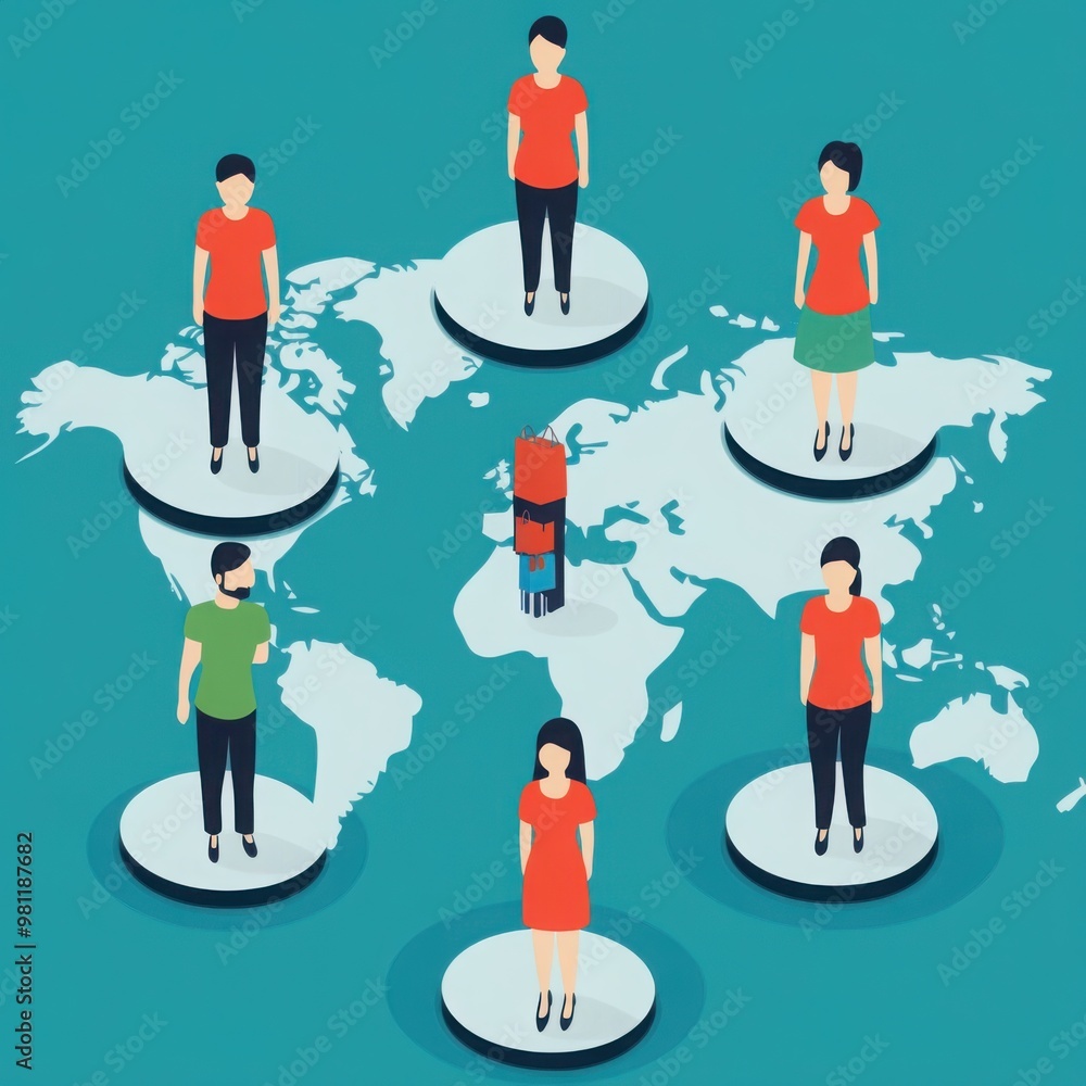 A group of diverse individuals stands on platforms over a world map, symbolizing global connectivity and collaboration. A group of diverse individuals stands on platforms over a world map, symbolizing global connectivity and collaboration.