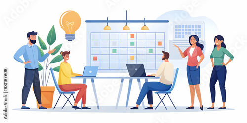 Flat Candid Creative Collaboration: Team Brainstorming Ideas for 2025 with Calendars in a Simple Vector Illustration