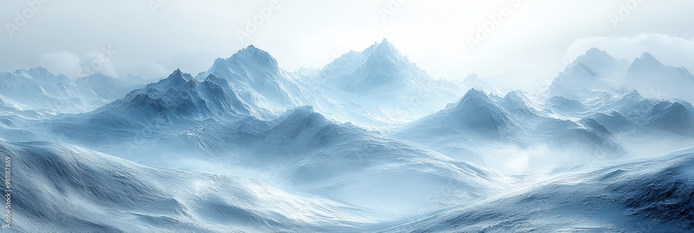 Snowy mountain range with fog in the valley Snowy mountain range with fog in the valley