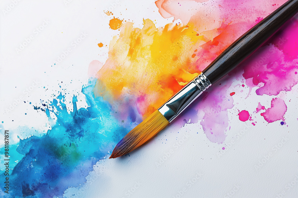 Fototapeta premium Paintbrush spreading vibrant splashes of color across white canvas 