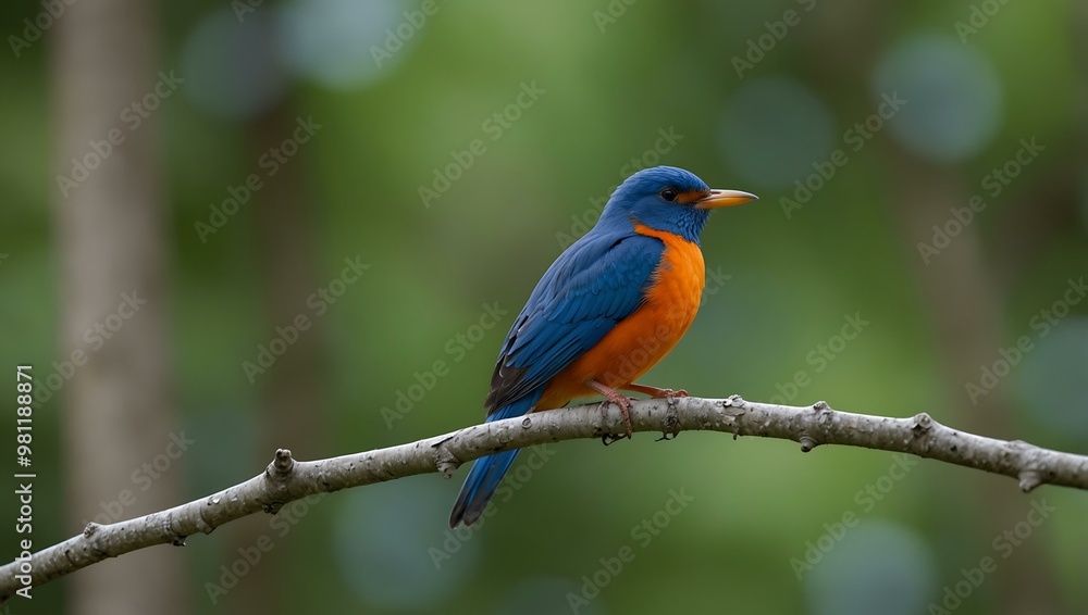 Blue and Orange Bird Perched on a Green Branch Blue and Orange Bird Perched on a Green Branch