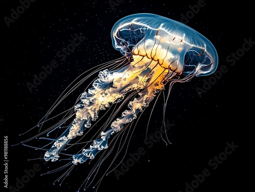 Glowing bioluminescent jellyfish floating gracefully in dark ocean photo