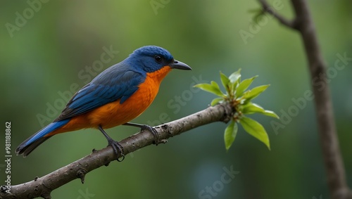 Blue and Orange Bird Perched on a Green Branch