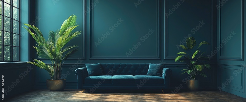 Fototapeta premium Teal Velvet Sofa in Elegant Living Room Interior