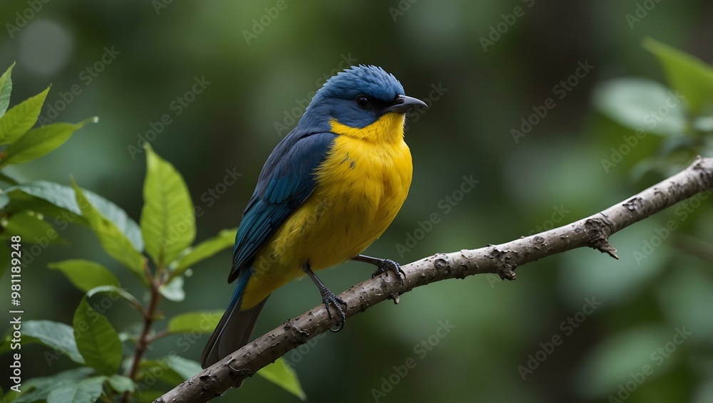 Blue and yellow bird perched on a branch beside green leaves. Blue and yellow bird perched on a branch beside green leaves.