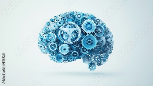 A conceptual image of a brain made of gears and cogs, symbolizing artificial intelligence, technology, and innovative thinking.
