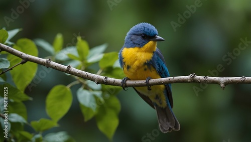 Blue and yellow bird perched on a branch beside green leaves.