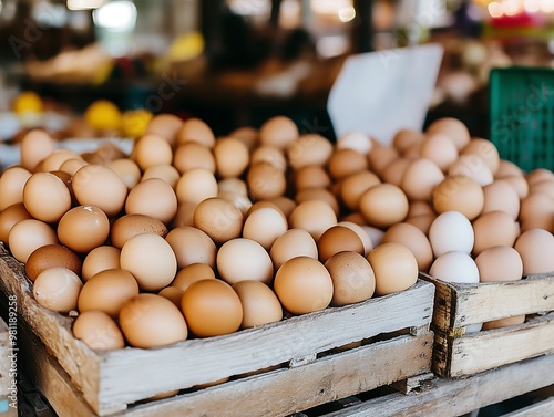 Fresh eggs neatly stacked in wooden crates at a market photo