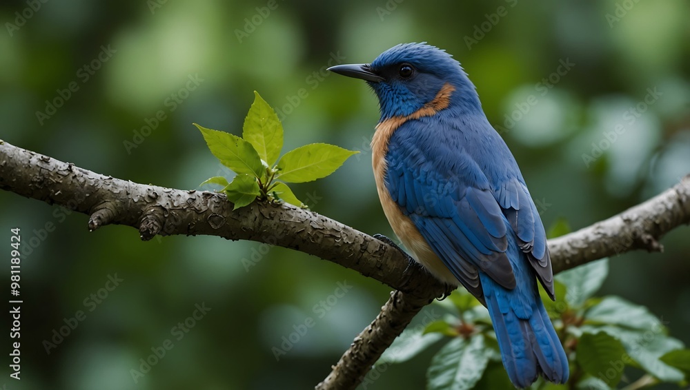 Blue bird perched on a tree branch surrounded by lush, green leaves. Blue bird perched on a tree branch surrounded by lush, green leaves.