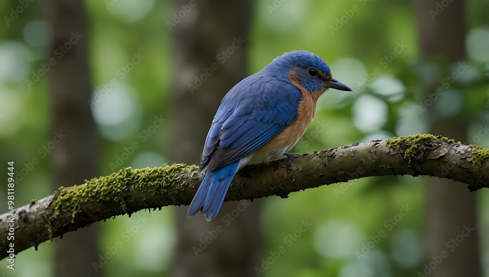 Blue bird perched on a tree branch surrounded by lush, green leaves. Blue bird perched on a tree branch surrounded by lush, green leaves.