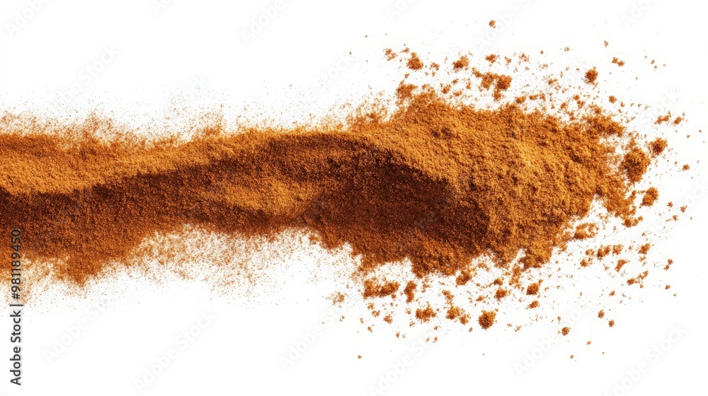 Close-up of scattered ground cinnamon on white background, showing texture and rich brown color, perfect for culinary and seasoning concepts. Close-up of scattered ground cinnamon on white background, showing texture and rich brown color, perfect for culinary and seasoning concepts.