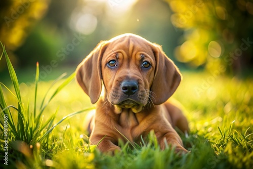 Adorable brown Broholmer puppy lies on lush green grass, gazing directly into the camera with curious eyes, set against a sunny Italian landscape.