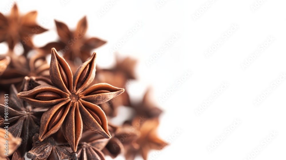 Close-up of star anise on a white background, highlighting the spice's intricate details and natural beauty. Perfect for culinary and botanical uses. Close-up of star anise on a white background, highlighting the spice's intricate details and natural beauty. Perfect for culinary and botanical uses.