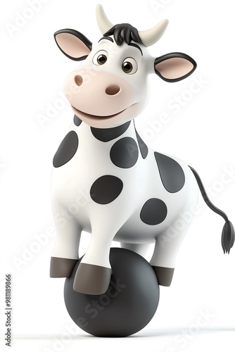 Adorable cartoon cow balancing on a black ball with a smile photo