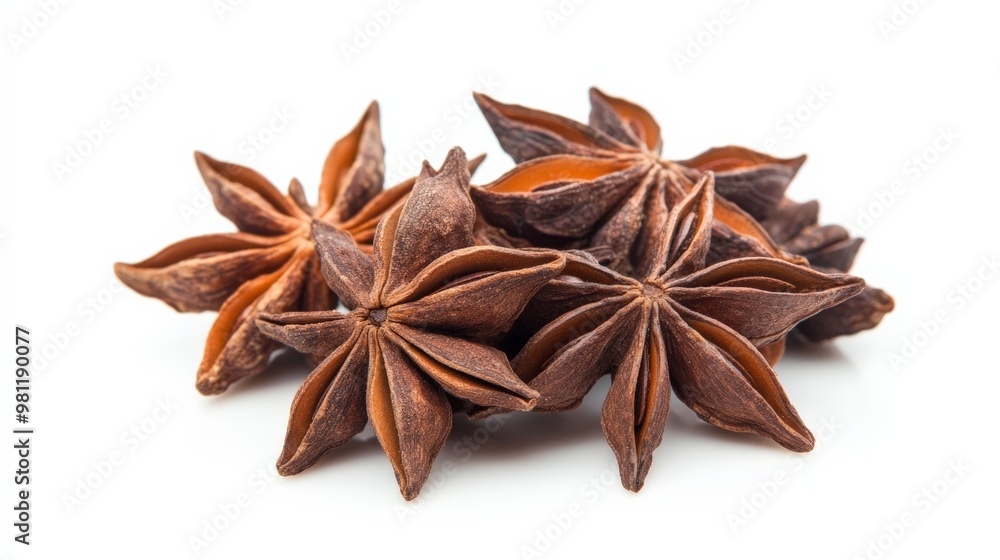 Close-up of star anise pods on a white background. Perfect for cooking, spices, and food-related themes. Close-up of star anise pods on a white background. Perfect for cooking, spices, and food-related themes.
