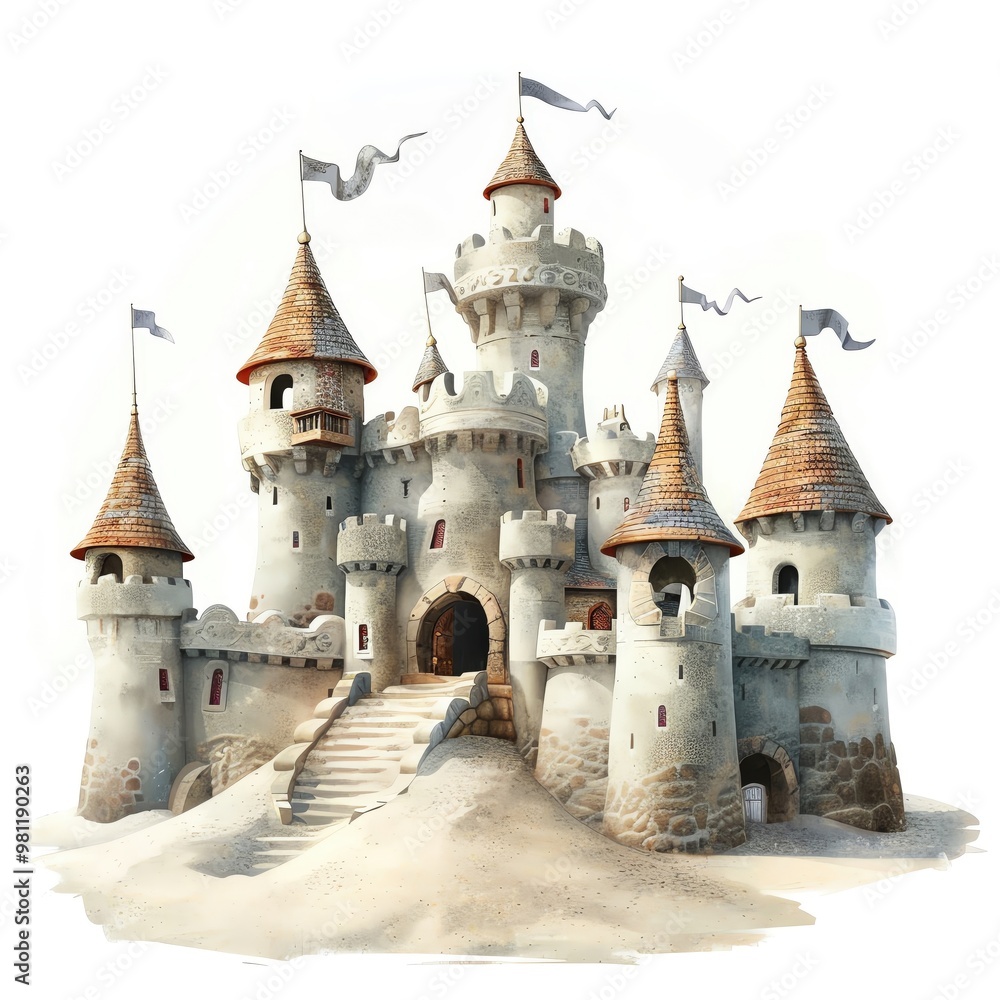 A whimsical sandcastle with tall towers, flags, and a winding staircase, set against a white background, embodying a fairytale-like charm. A whimsical sandcastle with tall towers, flags, and a winding staircase, set against a white background, embodying a fairytale-like charm.