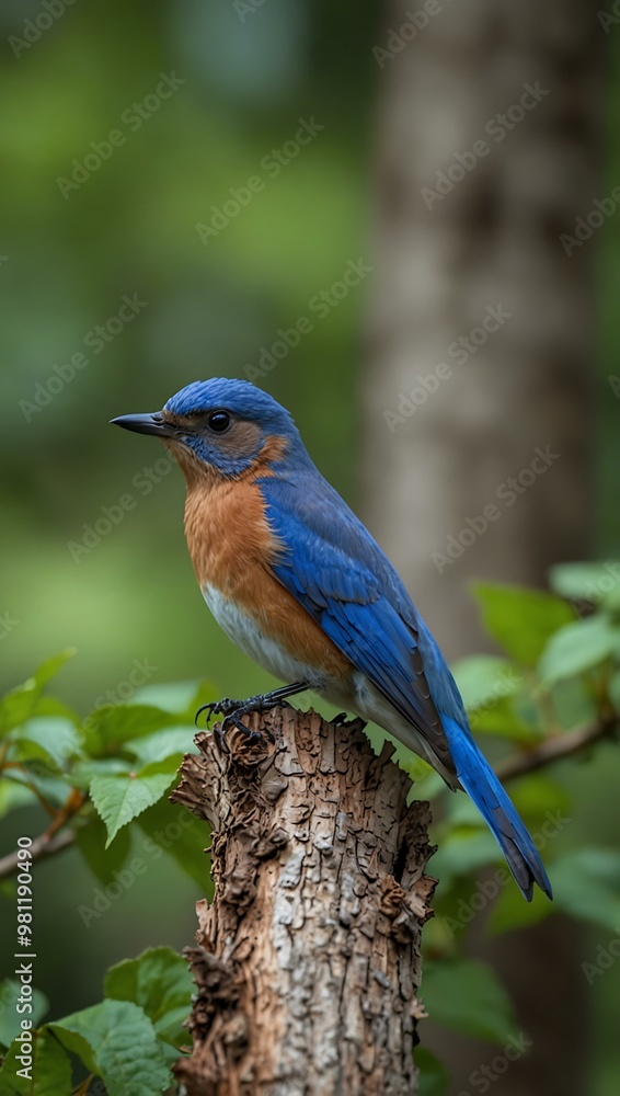 Bluebird perched on a tree branch surrounded by vibrant green leaves. Bluebird perched on a tree branch surrounded by vibrant green leaves.