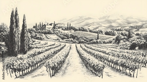 A serene vineyard landscape with rolling hills and a rustic villa in the background.