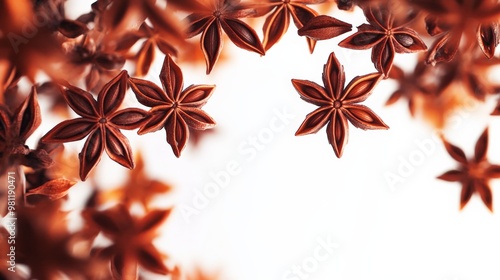 Close-up of star anise spice forming a decorative pattern on a white background, showcasing their unique shape and vibrant color.