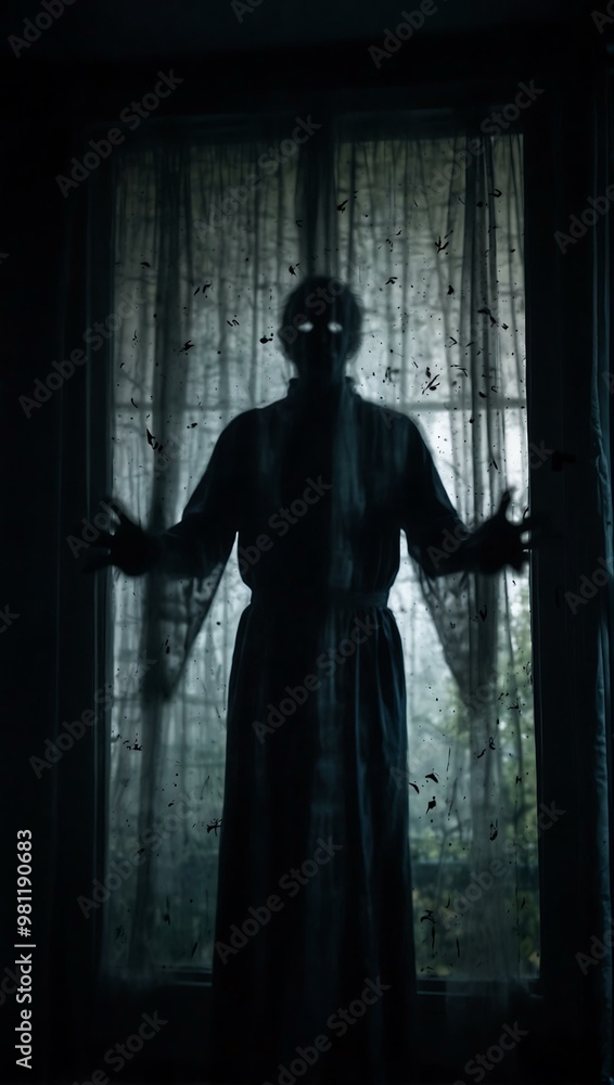 Blurred ghost silhouette in a bedroom window—horror scene. Blurred ghost silhouette in a bedroom window—horror scene.