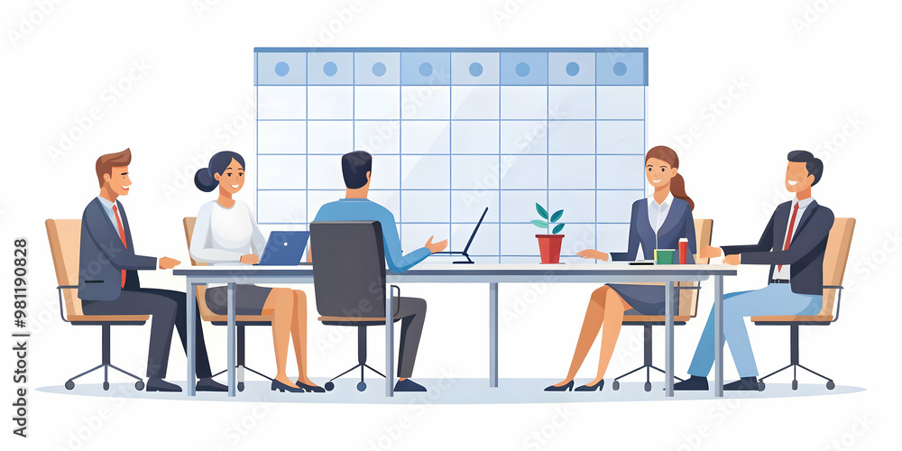 Flat Vector Illustration of a Candid Office Team Meeting: Discussing 2025 Goals with Calendars, Highlighting Collaboration and Teamwork in a Smart Business Style Flat Vector Illustration of a Candid Office Team Meeting: Discussing 2025 Goals with Calendars, Highlighting Collaboration and Teamwork in a Smart Business Style