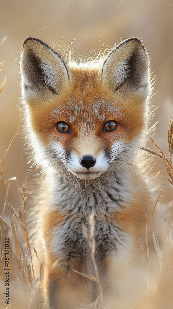 Naklejka premium Curious Baby Fox in Golden Grasses with Amber Eyes - Adorable Wildlife Portrait with Copy Space