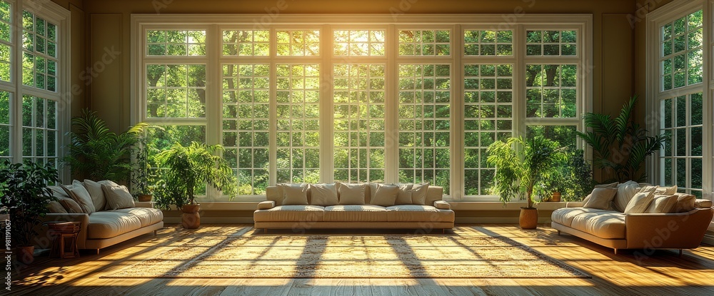 Sunlit Living Room with Large Windows and Green View Sunlit Living Room with Large Windows and Green View