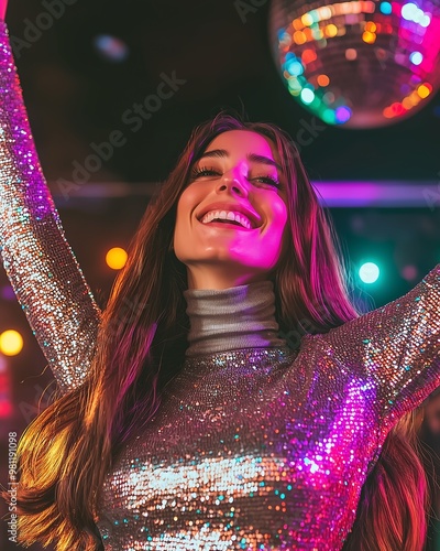 Smiling woman dancing joyfully under vibrant disco lights photo