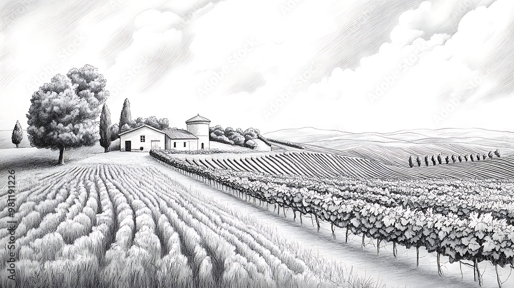 Fototapeta premium A serene landscape featuring vineyards and a farmhouse under a cloudy sky.