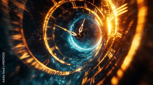 Fototapeta Naklejka Na Ścianę i Meble -  Time travel Technology Background with Clock concept and Time Machine, Can rotate clock hands. Jump into the time portal in hours. Traveling in space and time. Time travel fantasy scifi cinematic film