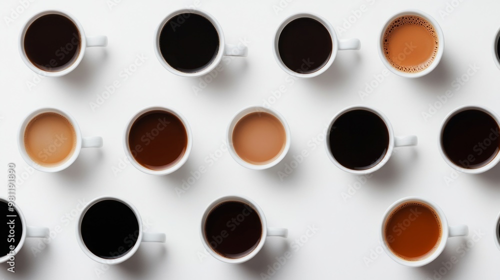 A variety of coffee cups arranged in a grid pattern. A variety of coffee cups arranged in a grid pattern.