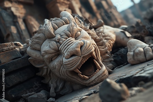 A detailed stone sculpture of a mythical lion, possibly the Nemean Lion from Greek mythology, lying amid ancient ruins and weathered rocks. photo