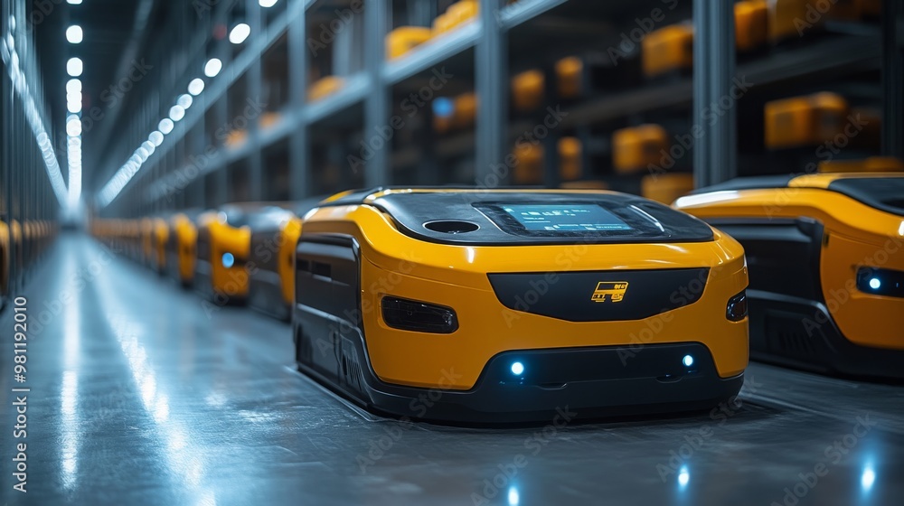 The evolution of AGVs with AI in a modern warehouse setting during daylight hours The evolution of AGVs with AI in a modern warehouse setting during daylight hours