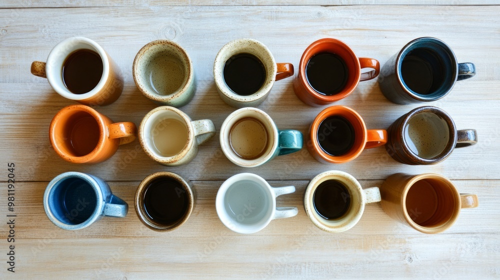 A variety of cups filled with different beverages on a wooden table. A variety of cups filled with different beverages on a wooden table.