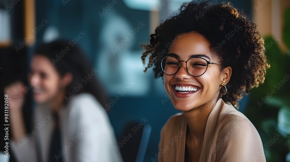 Cheerful African American Woman Smiling and Laughing in Casual Setting Cheerful African American Woman Smiling and Laughing in Casual Setting