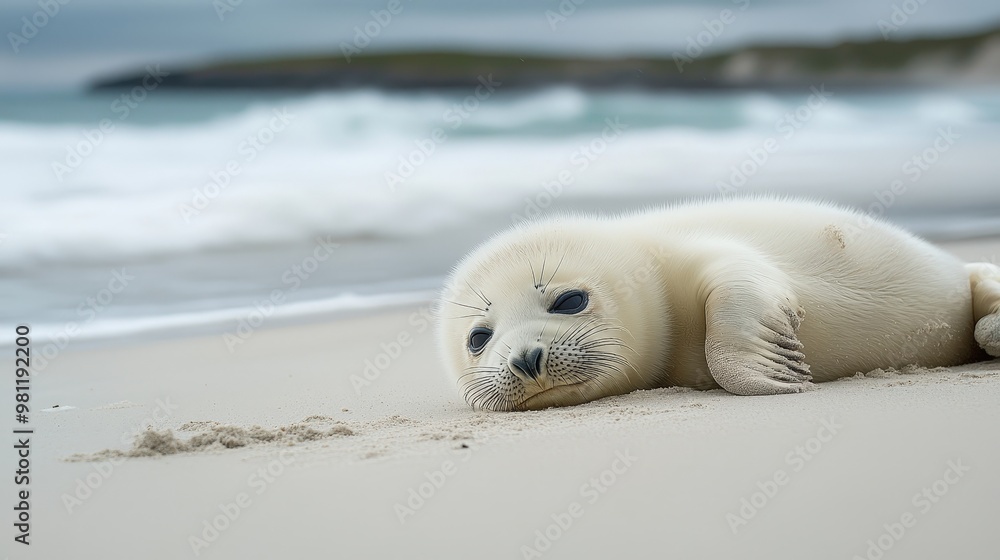 Adorable Baby Seal Relaxing on Sandy Beach with Ocean View - Serene Coastal Scene with Copy Space Adorable Baby Seal Relaxing on Sandy Beach with Ocean View - Serene Coastal Scene with Copy Space