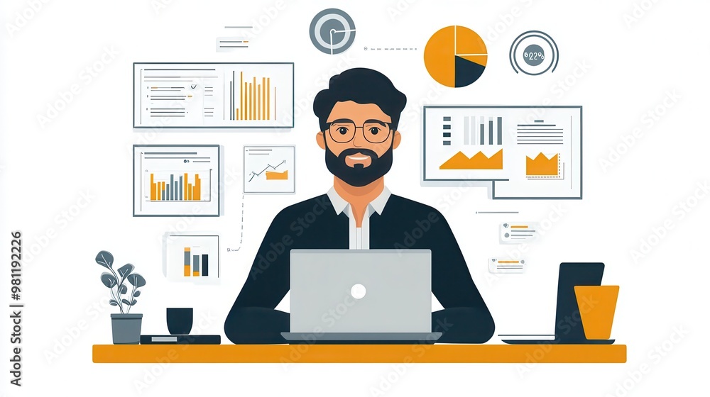 Business analyst working on laptop, analyzing data and charts in a modern office environment. Business analyst working on laptop, analyzing data and charts in a modern office environment.