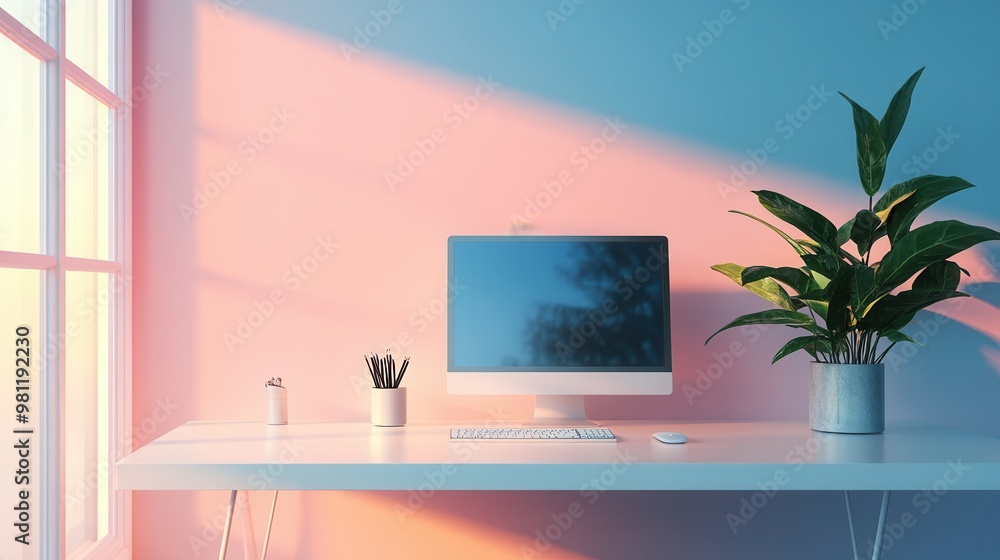 Bright modern home office with computer, plants, and colorful walls. Perfect for productivity and creativity. Bright modern home office with computer, plants, and colorful walls. Perfect for productivity and creativity.