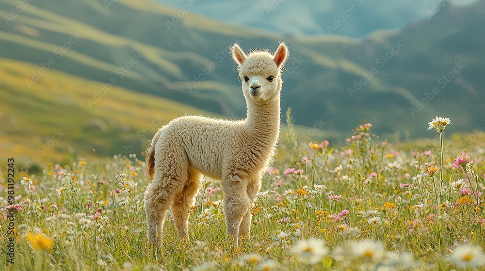 Adorable Fluffy Alpaca Foal in Grassy Field with Wildflowers and Majestic Mountain View for Copy Space Adorable Fluffy Alpaca Foal in Grassy Field with Wildflowers and Majestic Mountain View for Copy Space