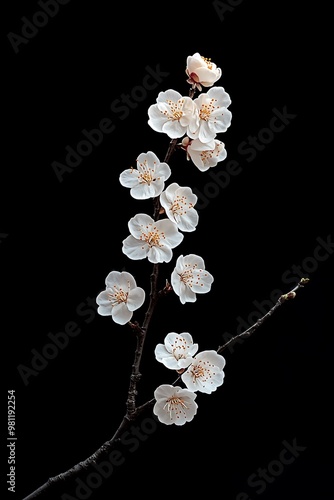 Delicate cherry blossom branch against a black background photo