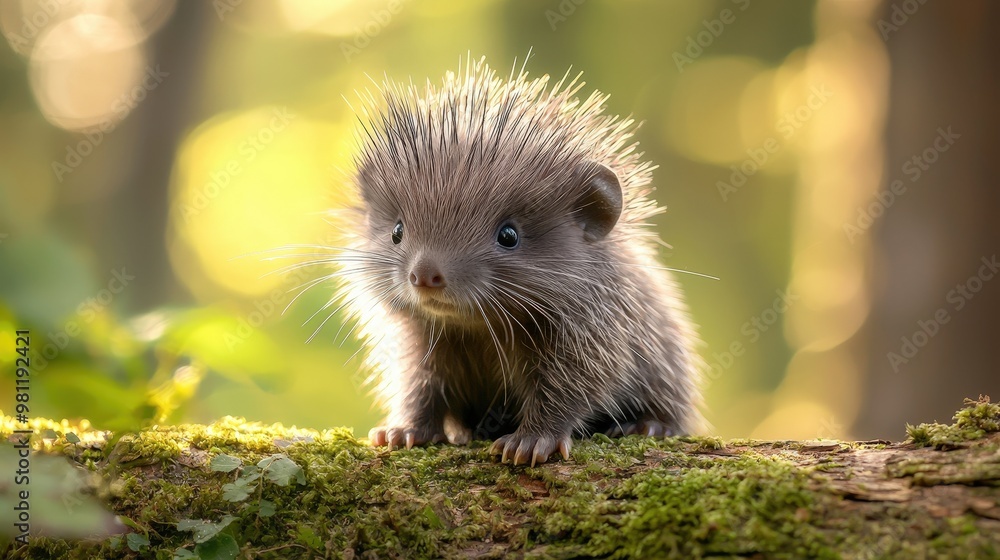 Naklejka premium Cute Porcupine Baby on Moss-Covered Log in Serene Forest - Space for Text